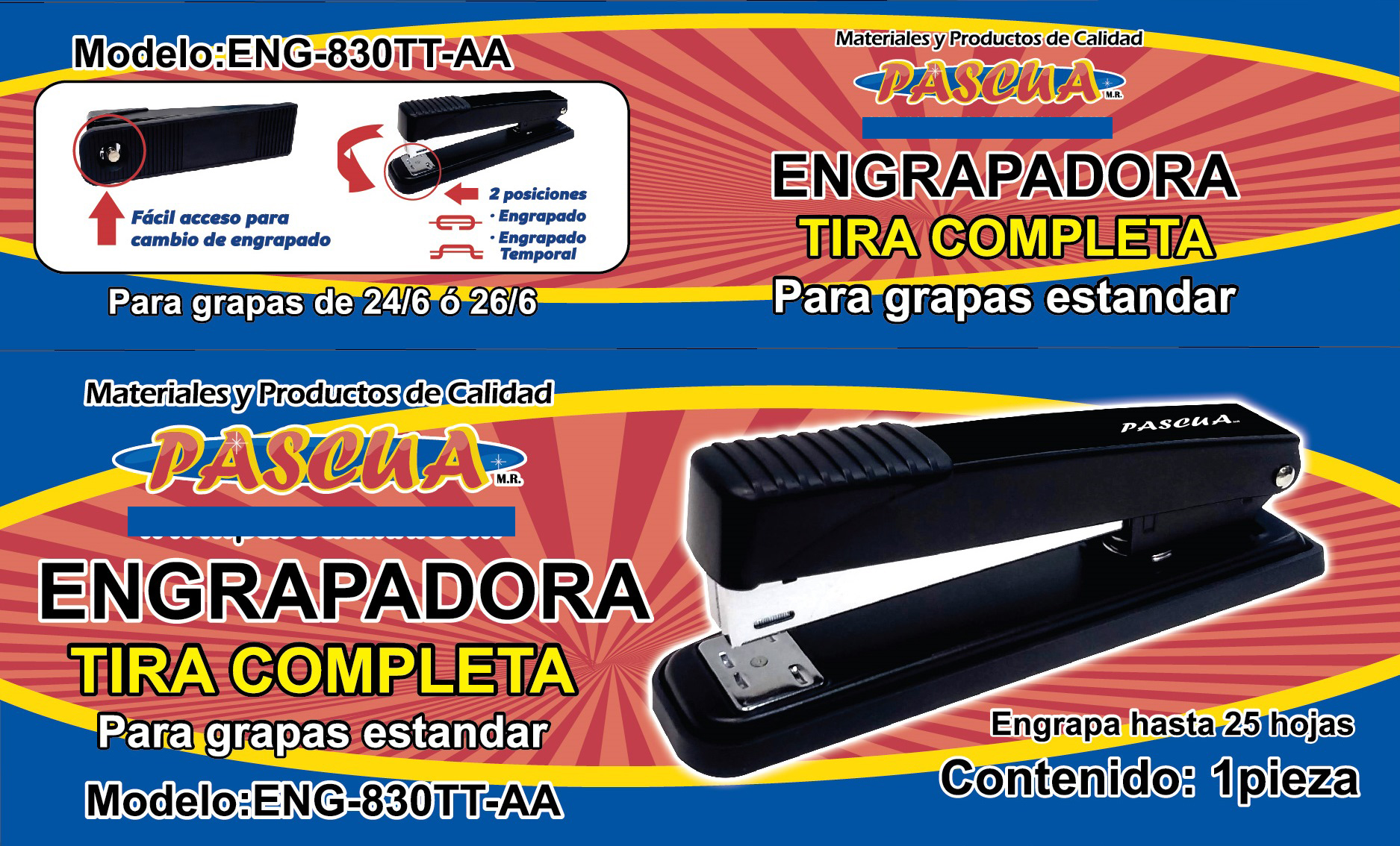 Engrapadora Tira Completa para grapas estandar, 25 Hojas de Capacidad, Usa grapas 26 y 24/6 mm para oficina papeleria casa y escuela.