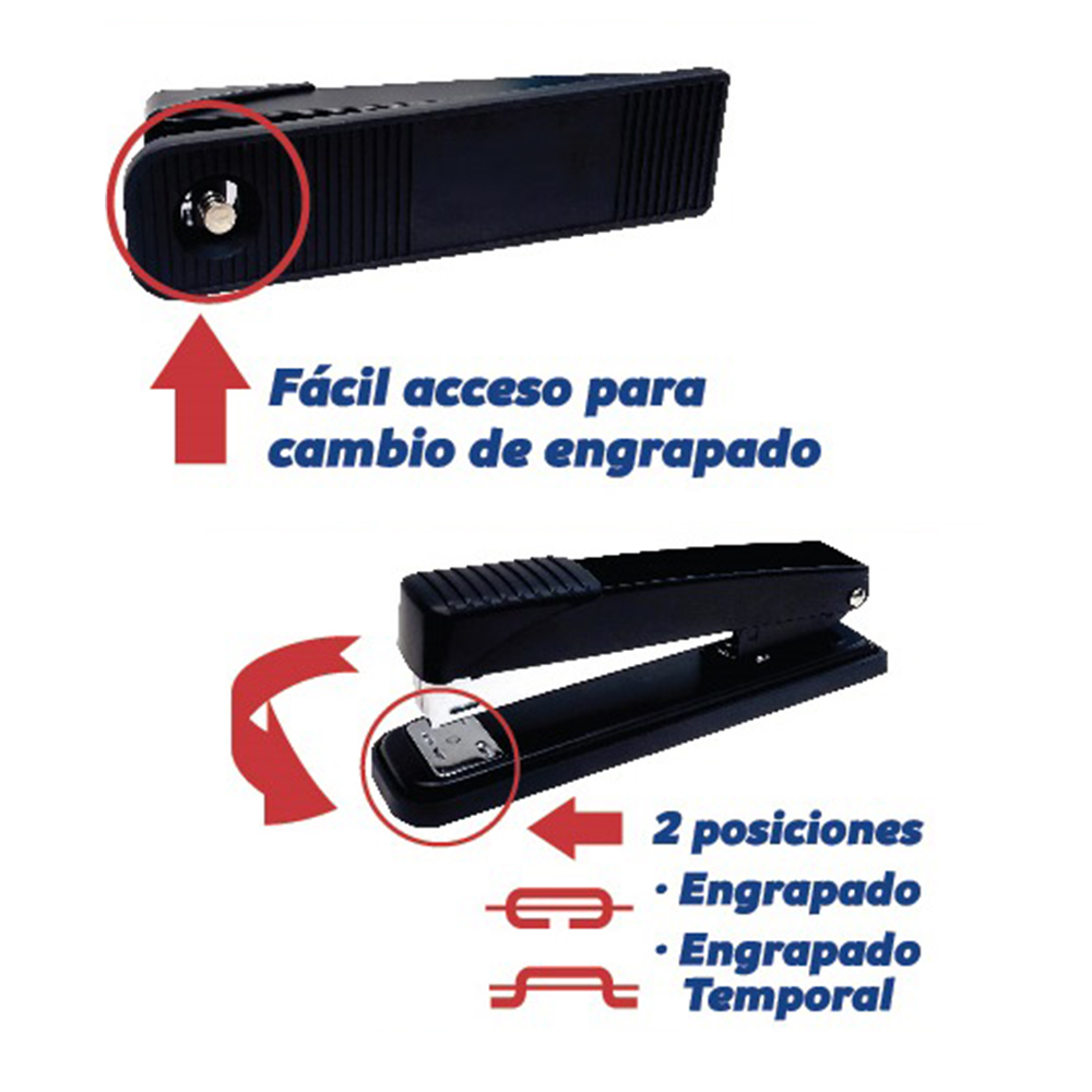 Engrapadora Media Tira para grapas 26 o 24/6 mm, 25 Hojas de Capacidad, para oficina papeleria casa y escuela.