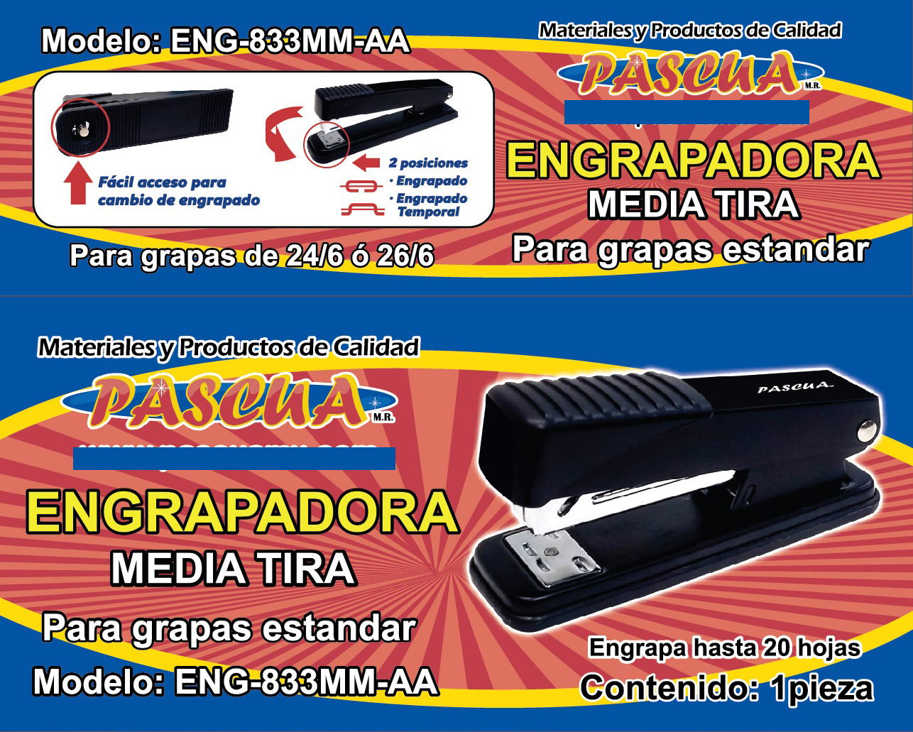 Grapadora Media Tira para grapas estandar 26/6 o 24/6 mm, 20 Hojas de Capacidad, para oficina papeleria casa y escuela.