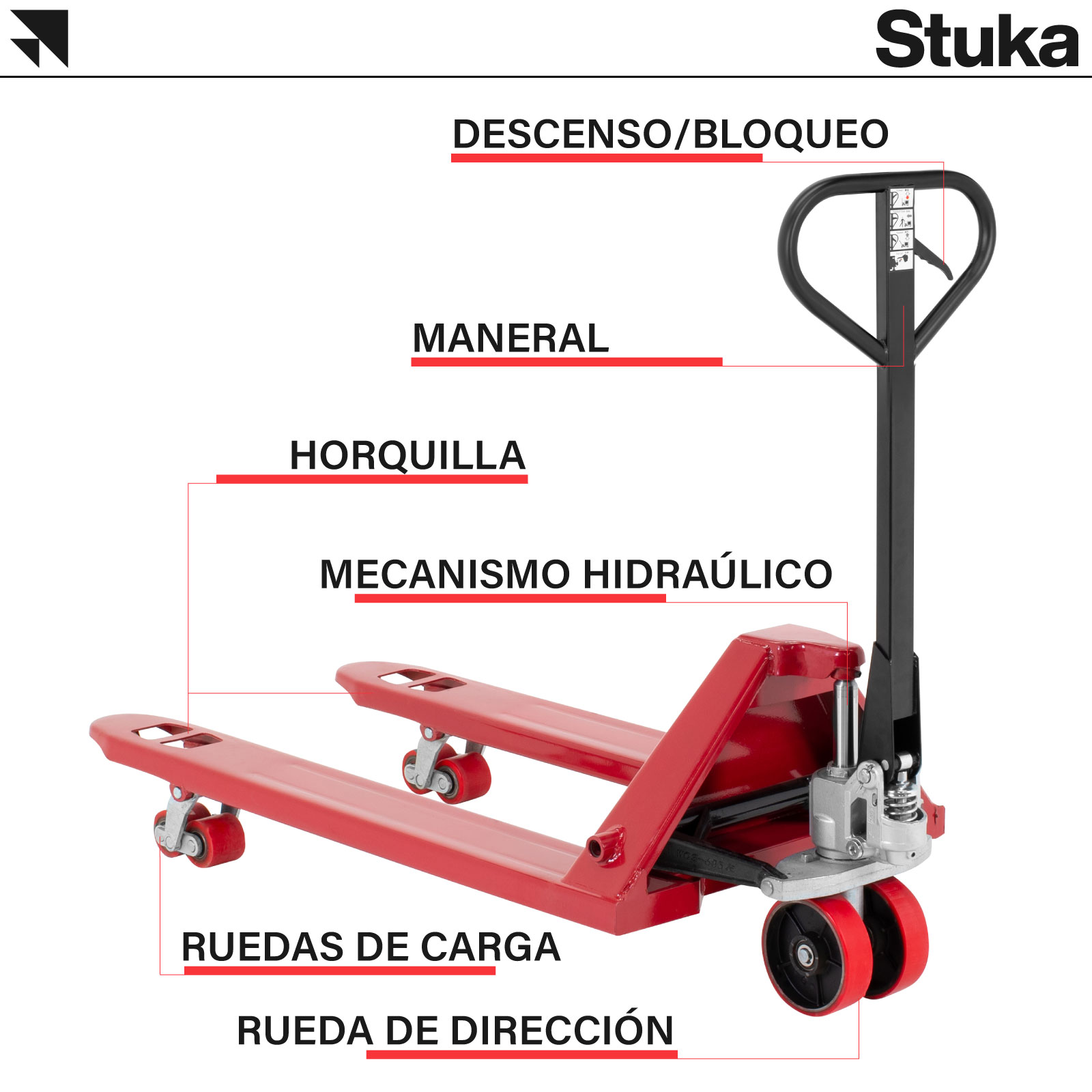 Patín Hidráulico Stuka Transpaleta para Carga de Tarimas 2 Toneladas (2000 kg)