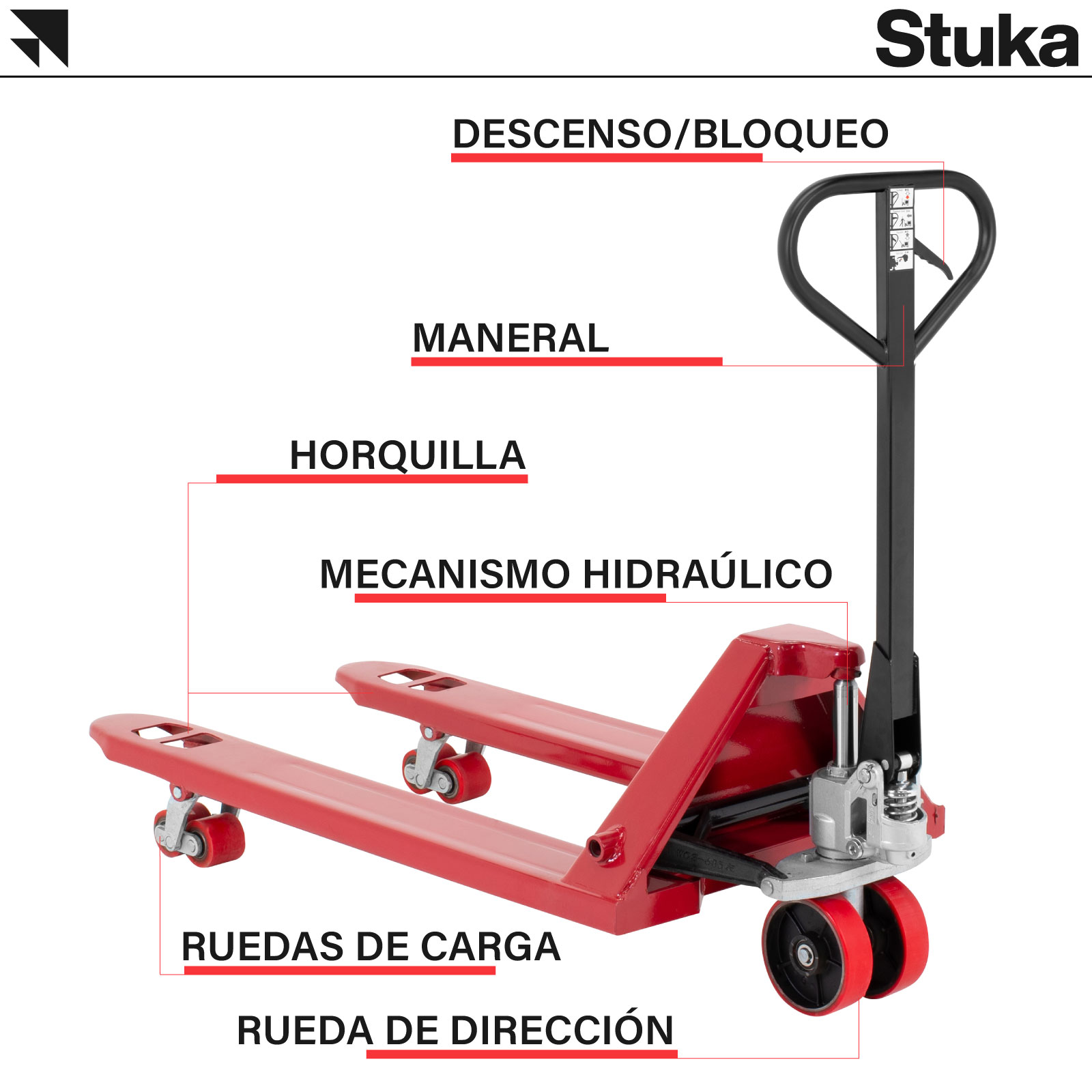 Patín Hidráulico Stuka Transpaleta para Carga de Tarimas 2.5 Toneladas (2500 kg)