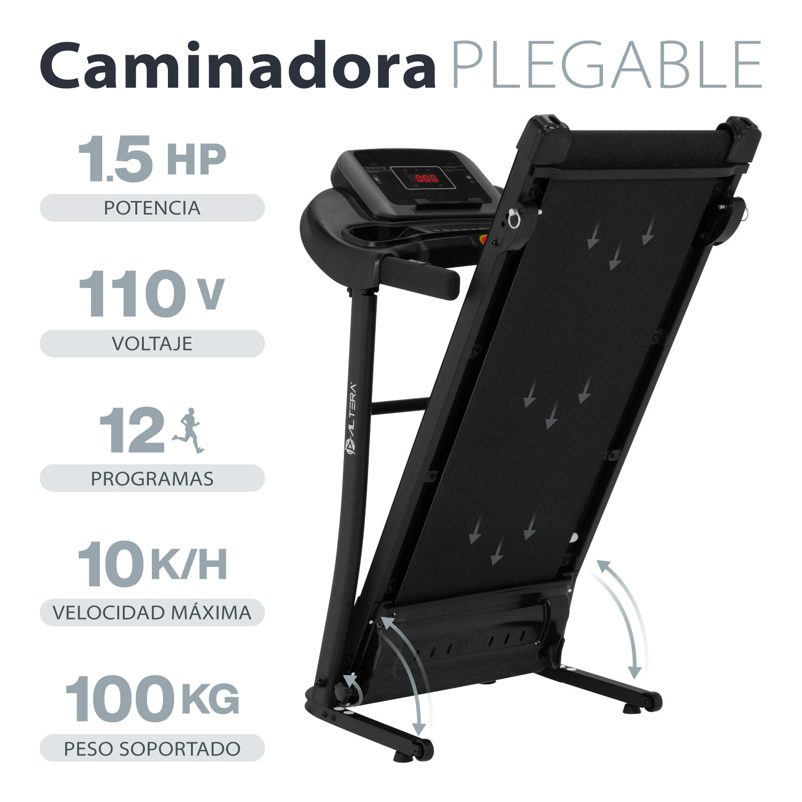 Caminadora Eléctrica Motor 1.5 Hp Velocidad de 1 a 10 km/h USB + Bocinas+ 3 Niveles de Inclinación + Pantalla LCD