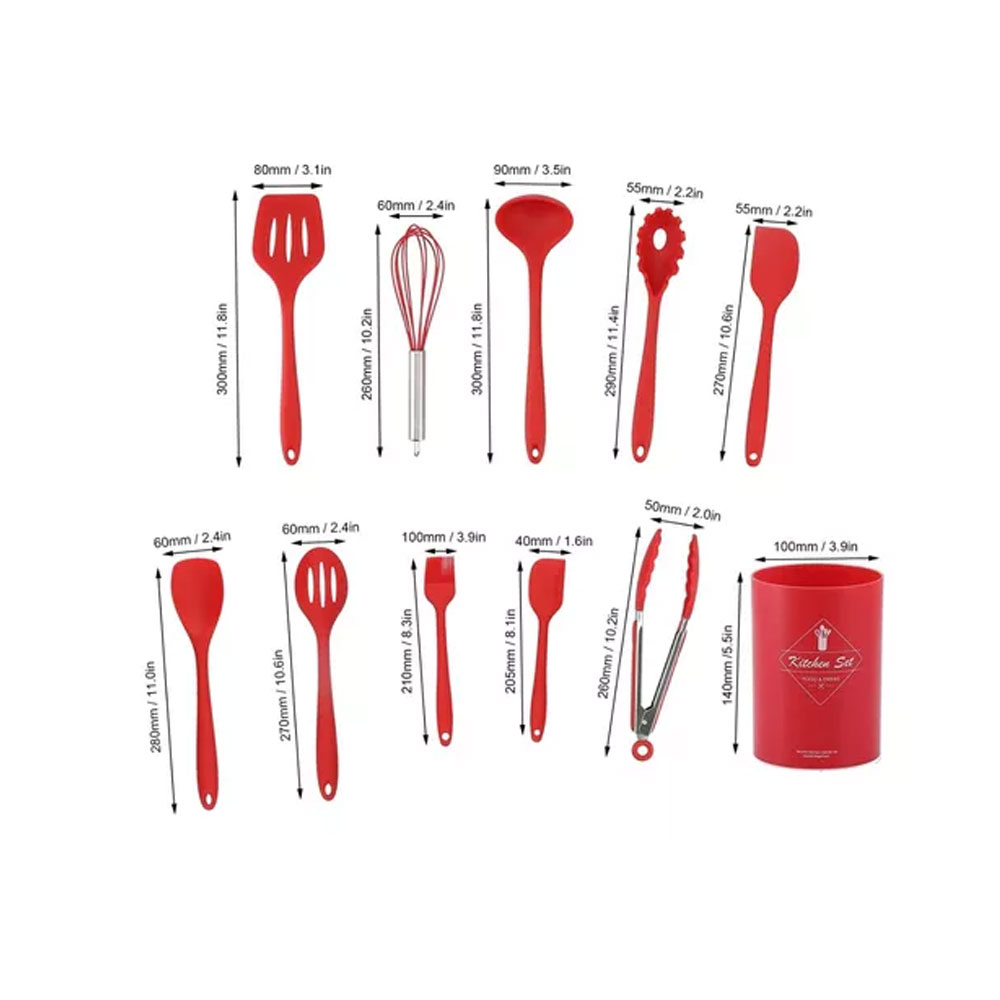 Juego de Utensilios de Cocina de Silicona 11 Piezas Antiadherente y Resistente con Mango Aislado y Diseño Ergonómico