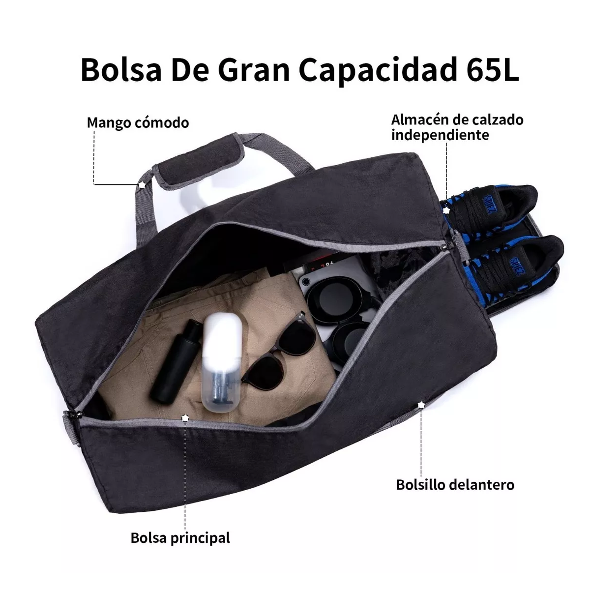 Maleta Deportivo Viaje Plegable Portátil Retráctil 65 Litros Negro