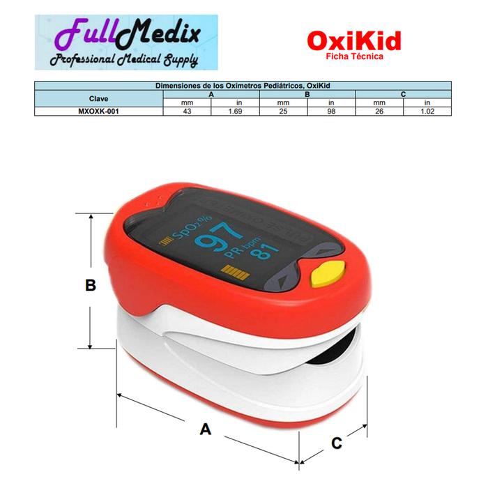 Oxímetros recargables MXOXK-001-27 1Pza Rojo Rango de Medición 70porciento -99porciento Spo2 30 240BPM mas menos 2BPM o mas menos 2porciento PR, OxiKid