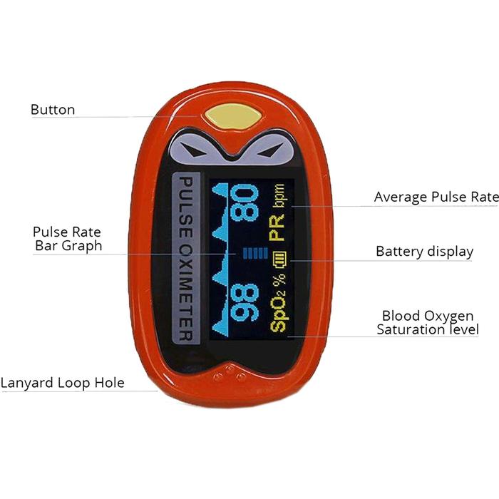 Oxímetros recargables MXOXK-001-27 1Pza Rojo Rango de Medición 70porciento -99porciento Spo2 30 240BPM mas menos 2BPM o mas menos 2porciento PR, OxiKid