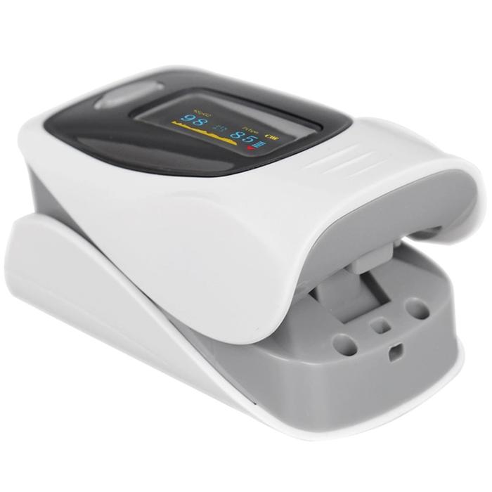 Oxímetro de dedo para botiquín MXOPX-001-21 1pza GrisBlanco Rango de Medición 70porciento -99porciento Spo2 35 250BPM 2xAAA No Incluidas, OxiPlus