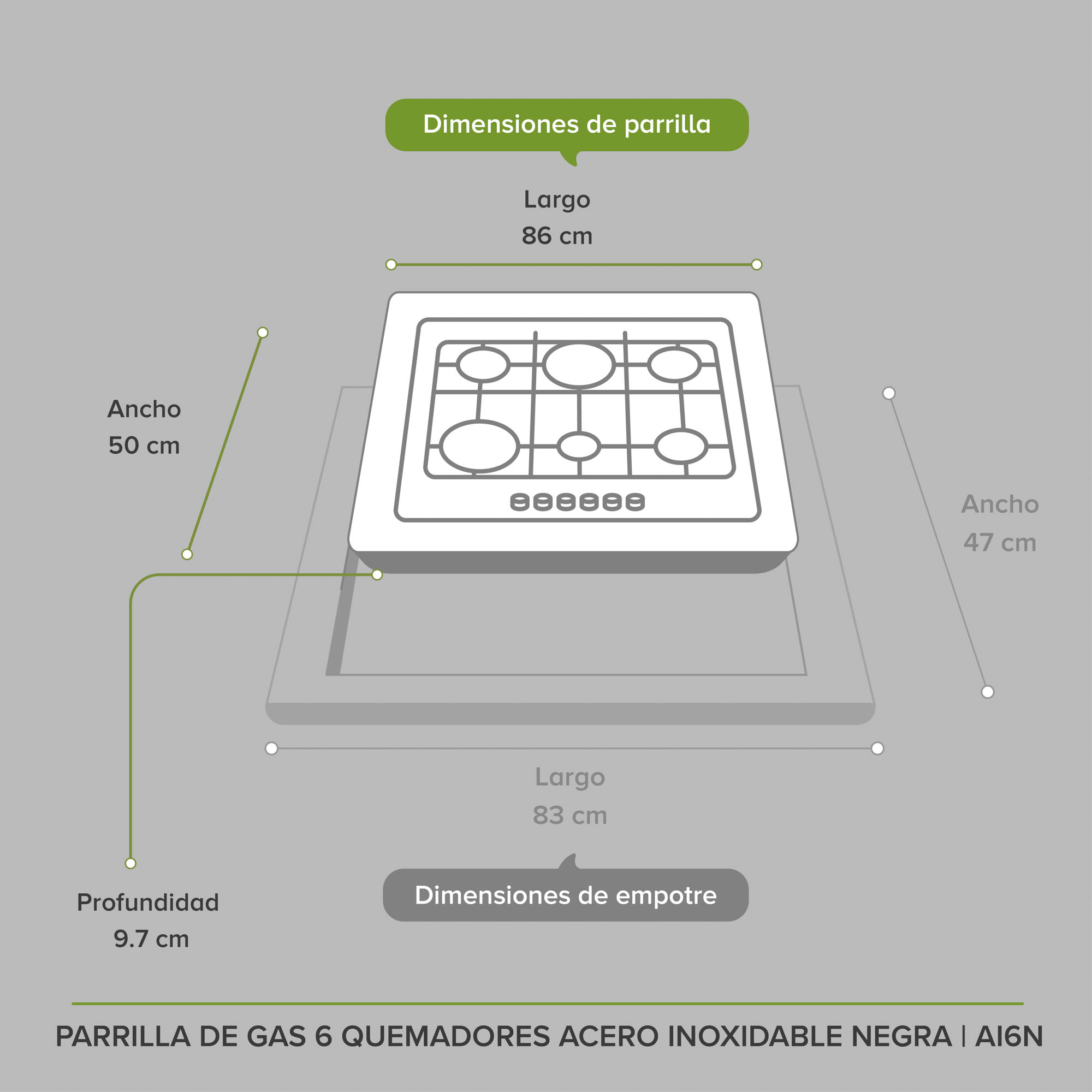 Parrilla A Gas 6 Quemadores Acero Inoxidable Avera AI6N