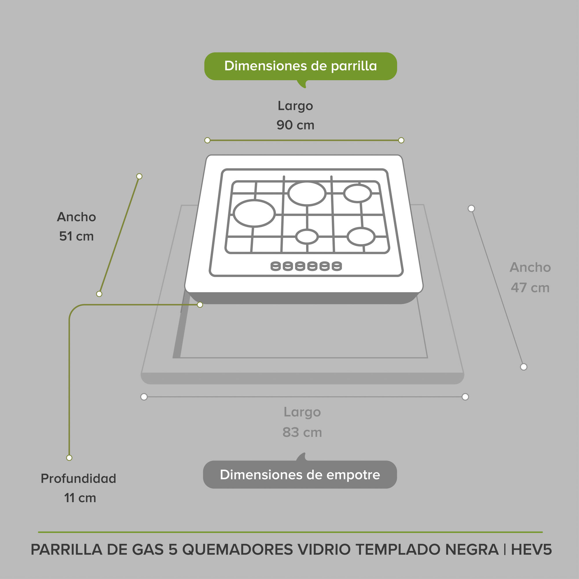 Parrilla A Gas 5 Quemadores Hierro Y Panel De Vidrio Avera HEV5