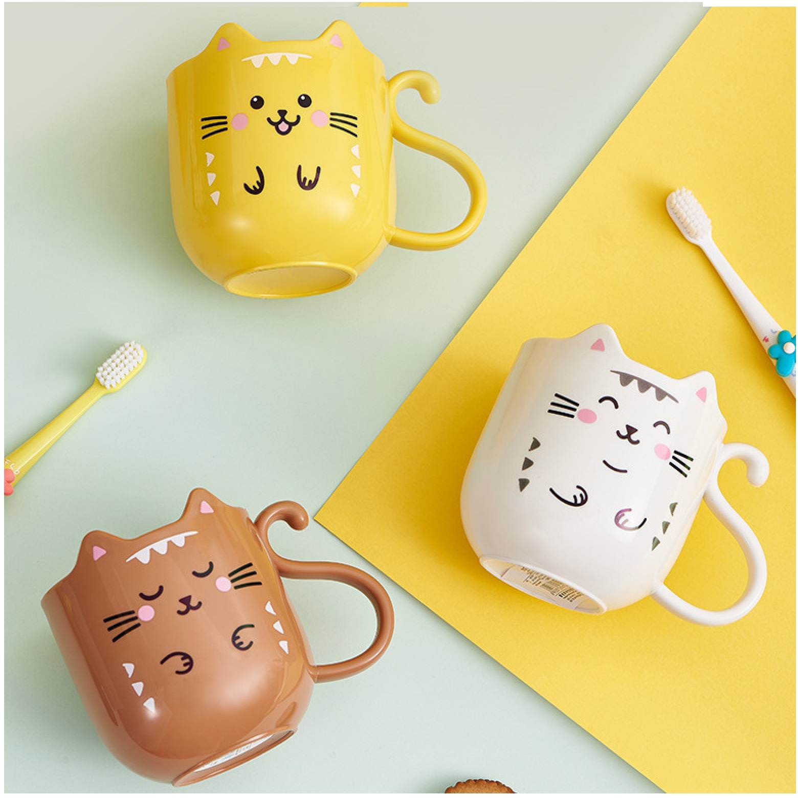 Set de 3 Tazas de Plástico con Diseño de Gato Kawaii, Duraderas y Lindas para Niños y Adultos