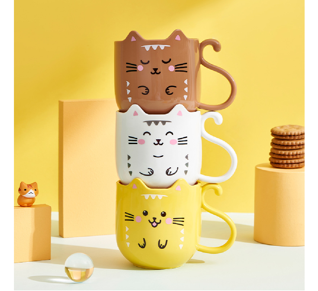 Set de 3 Tazas de Plástico con Diseño de Gato Kawaii, Duraderas y Lindas para Niños y Adultos