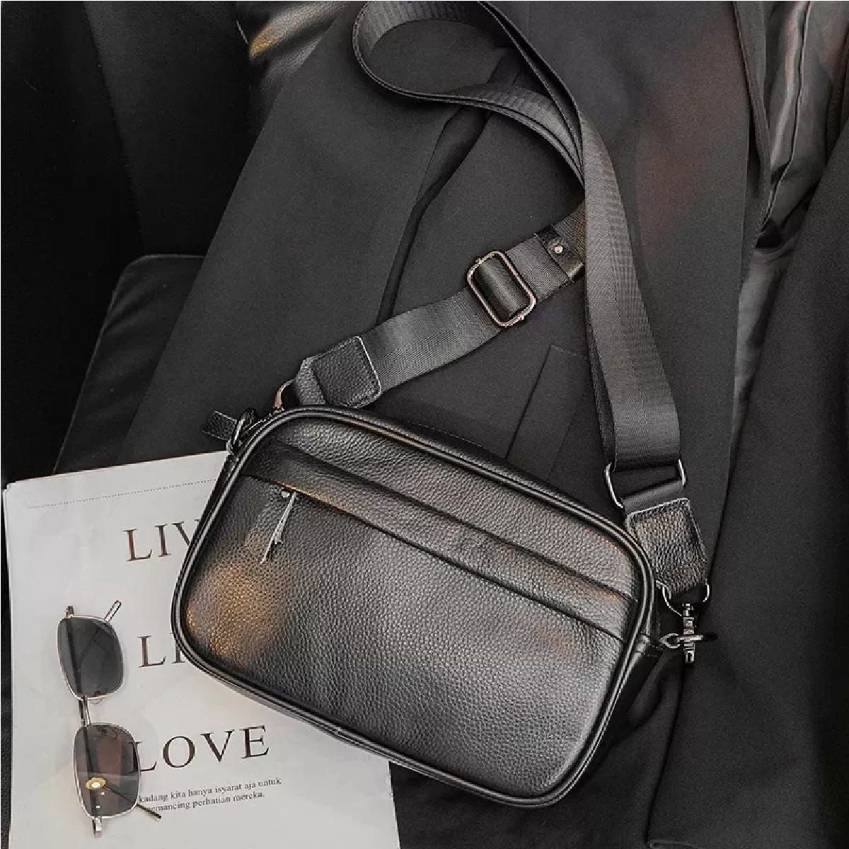 Bandolera De Cuero Para Hombre Bolso Crossbody Negro