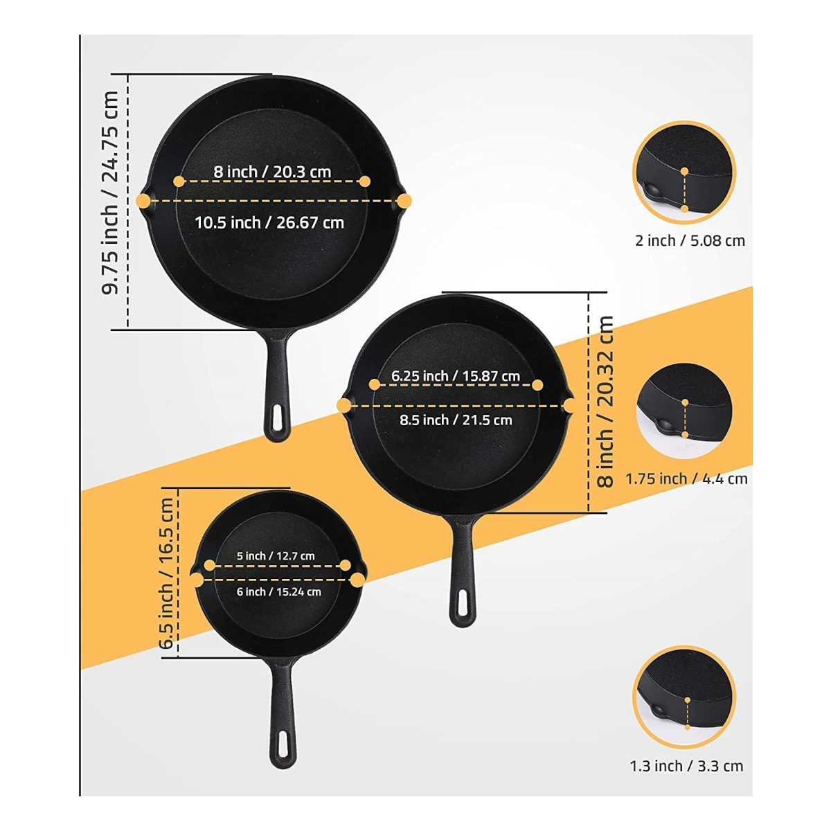 Sarten de Hierro Fundido Antiadherente con Mango, 15cm, 20cm, 25cm