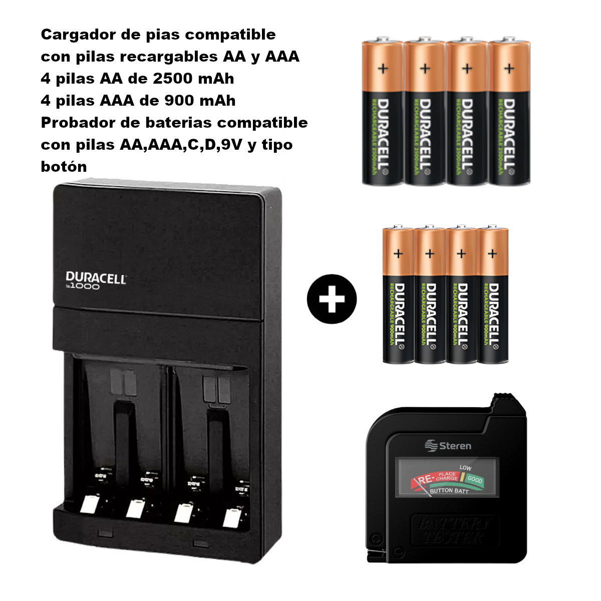 DURACELL CARGADOR (4 AA) + 4 AAA 900 mAh + PROBADOR DE BATERIAS.