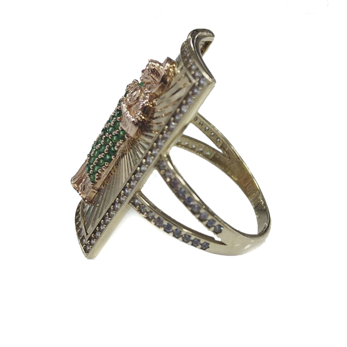 Anillo De placa con San Judas De Oro Amarillo Y Rosa 10k Zirconia Verde