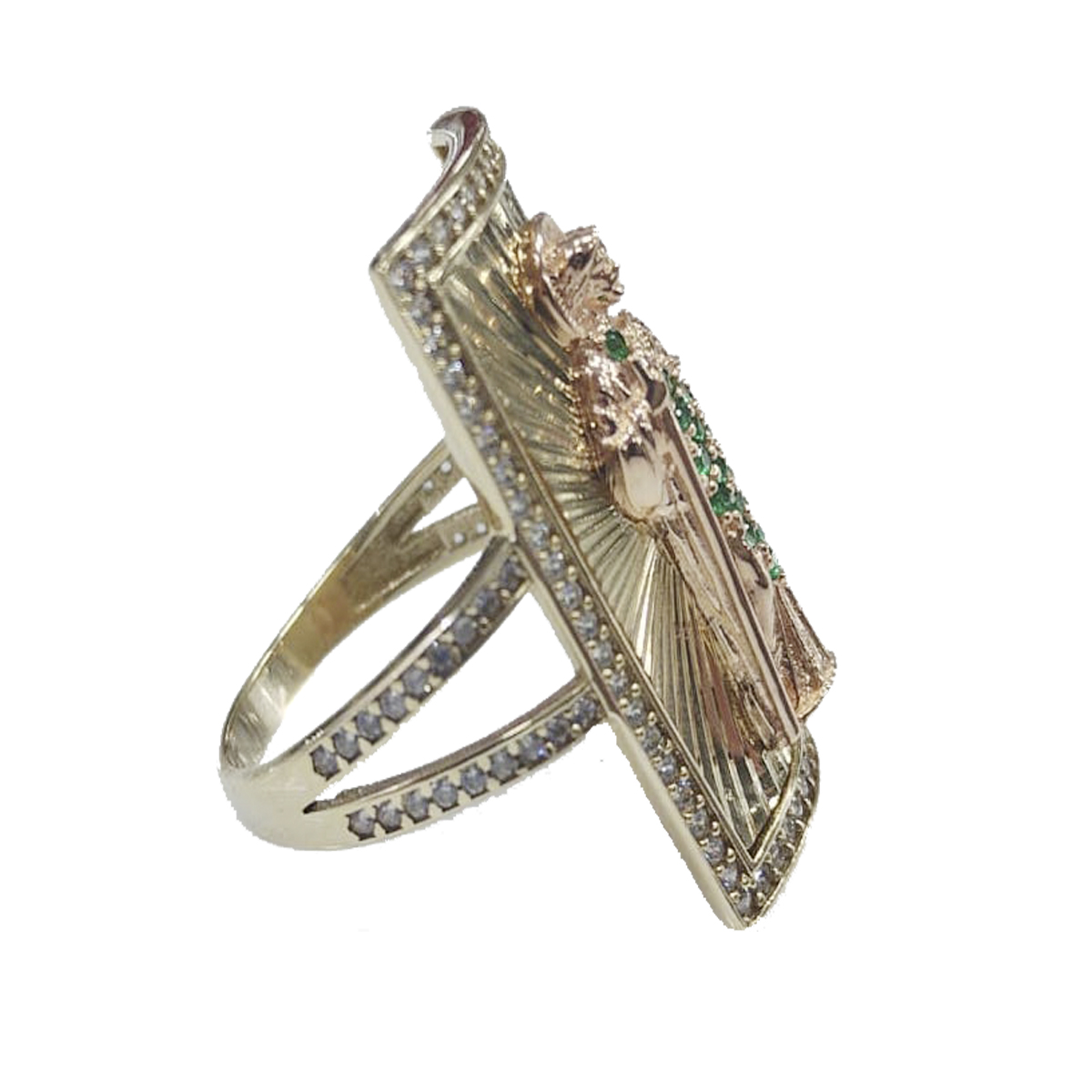 Anillo De placa con San Judas De Oro Amarillo Y Rosa 10k Zirconia Verde