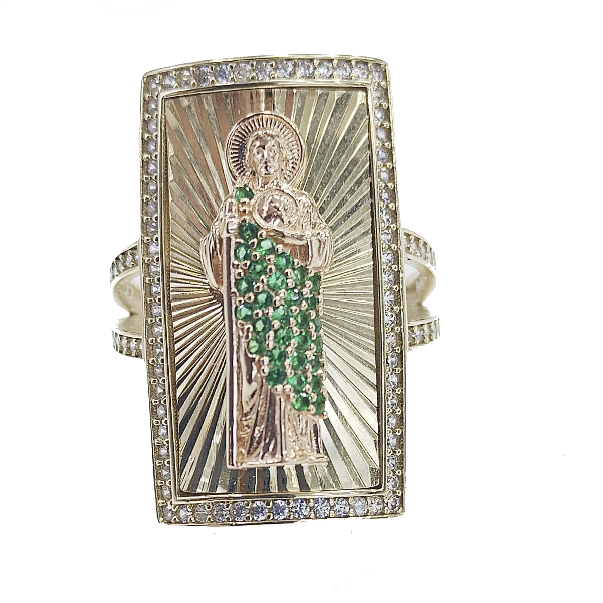 Anillo De placa con San Judas De Oro Amarillo Y Rosa 10k Zirconia Verde