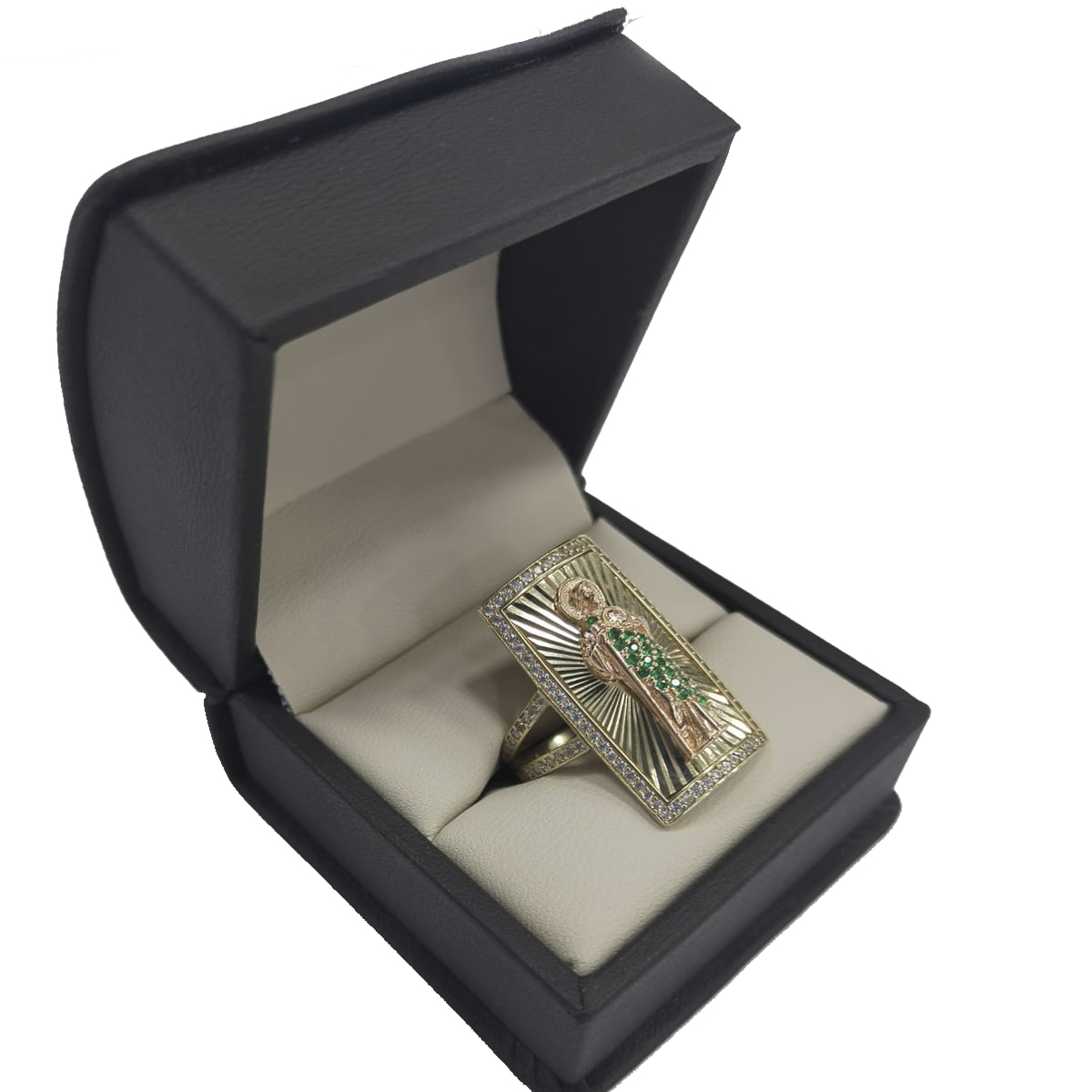 Anillo De placa con San Judas De Oro Amarillo Y Rosa 10k Zirconia Verde