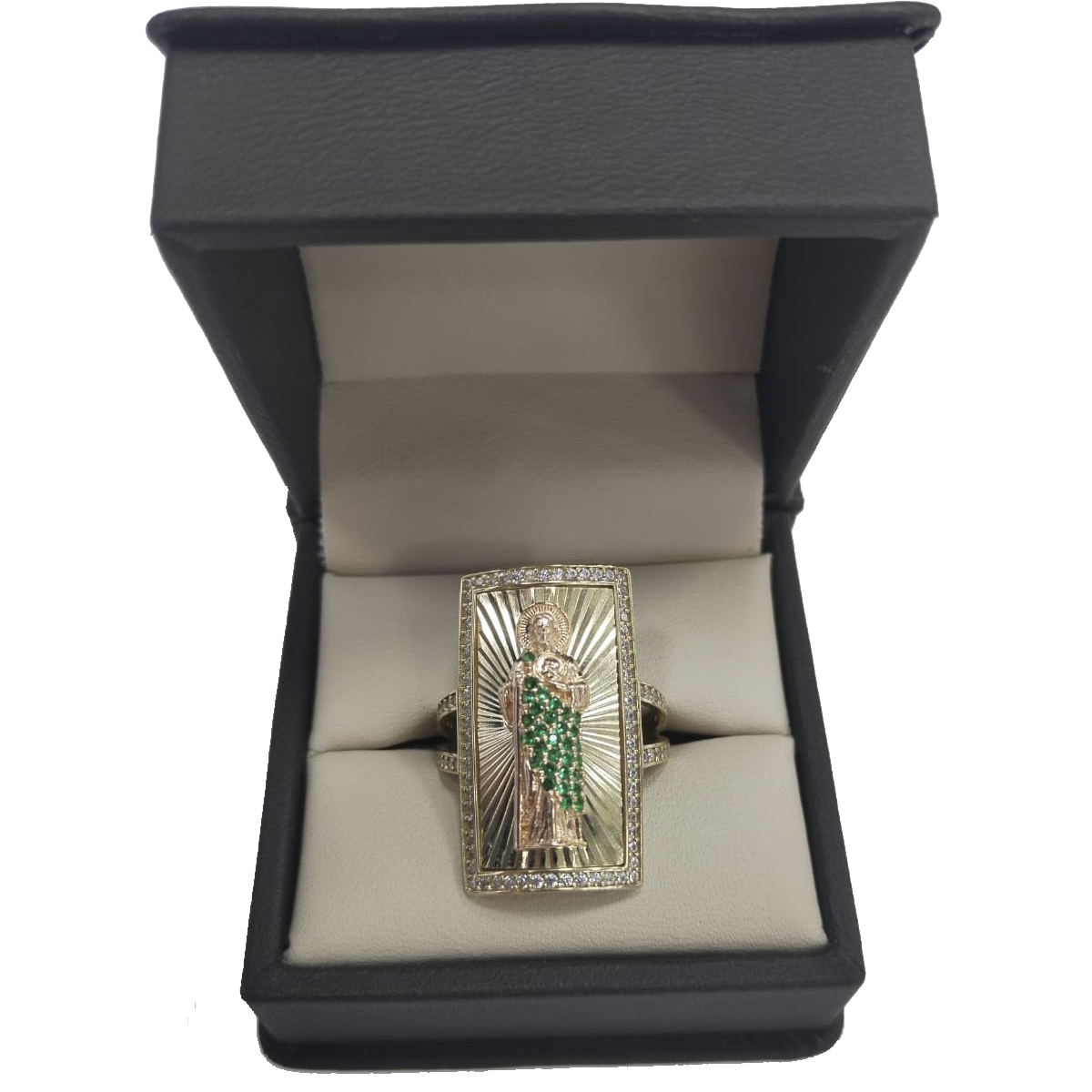 Anillo De placa con San Judas De Oro Amarillo Y Rosa 10k Zirconia Verde