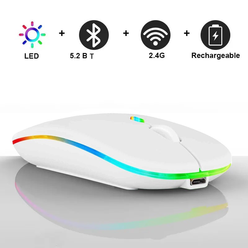 Mouse Ratón Recargable 2.4ghz USB Bluethoot Inalámbrico Led Para Pc Laptop Tablet Ipad (Blanco).