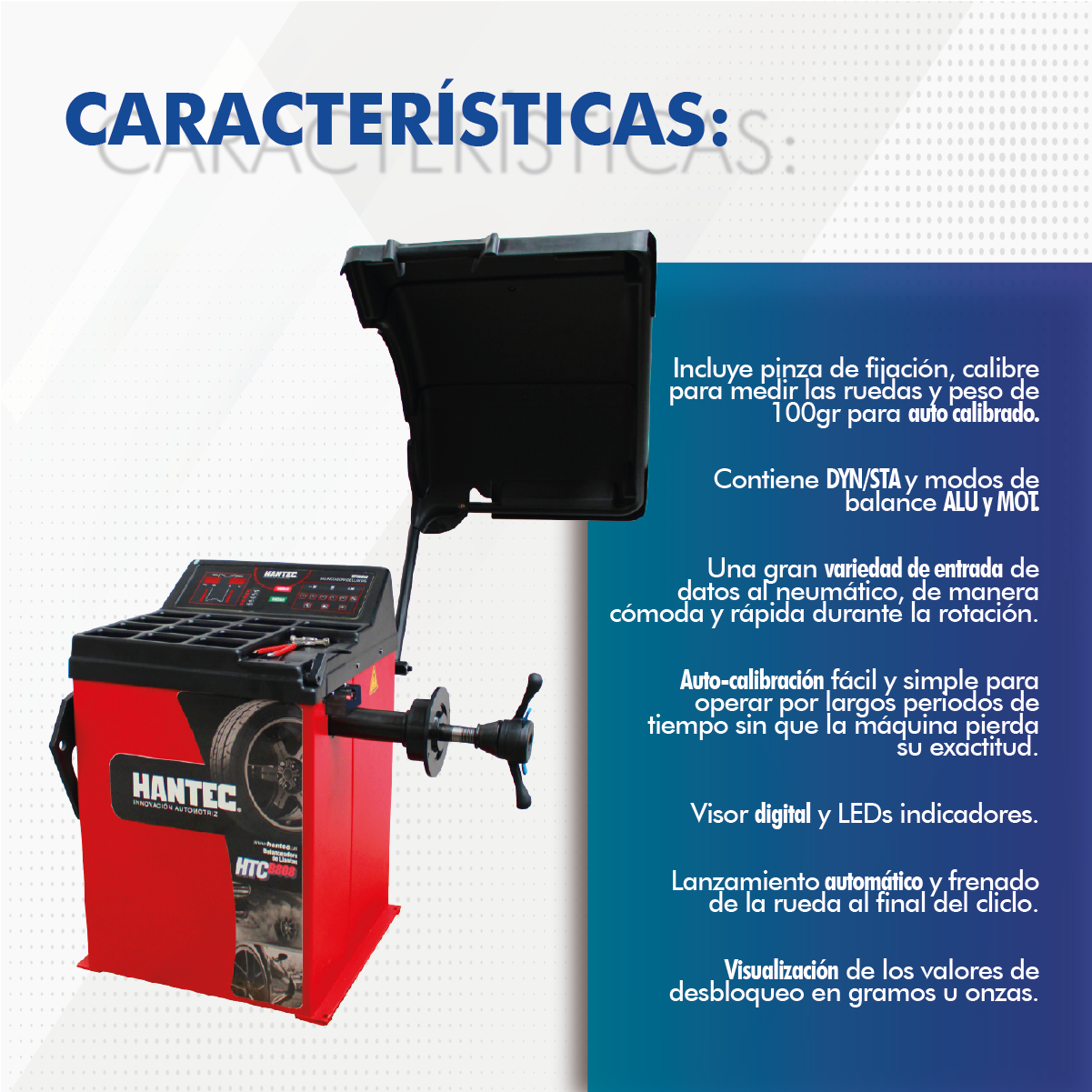 Balanceadora Láser para Llantas de Autos y Camionetas Hantec de 10 a 30 Pulgadas.