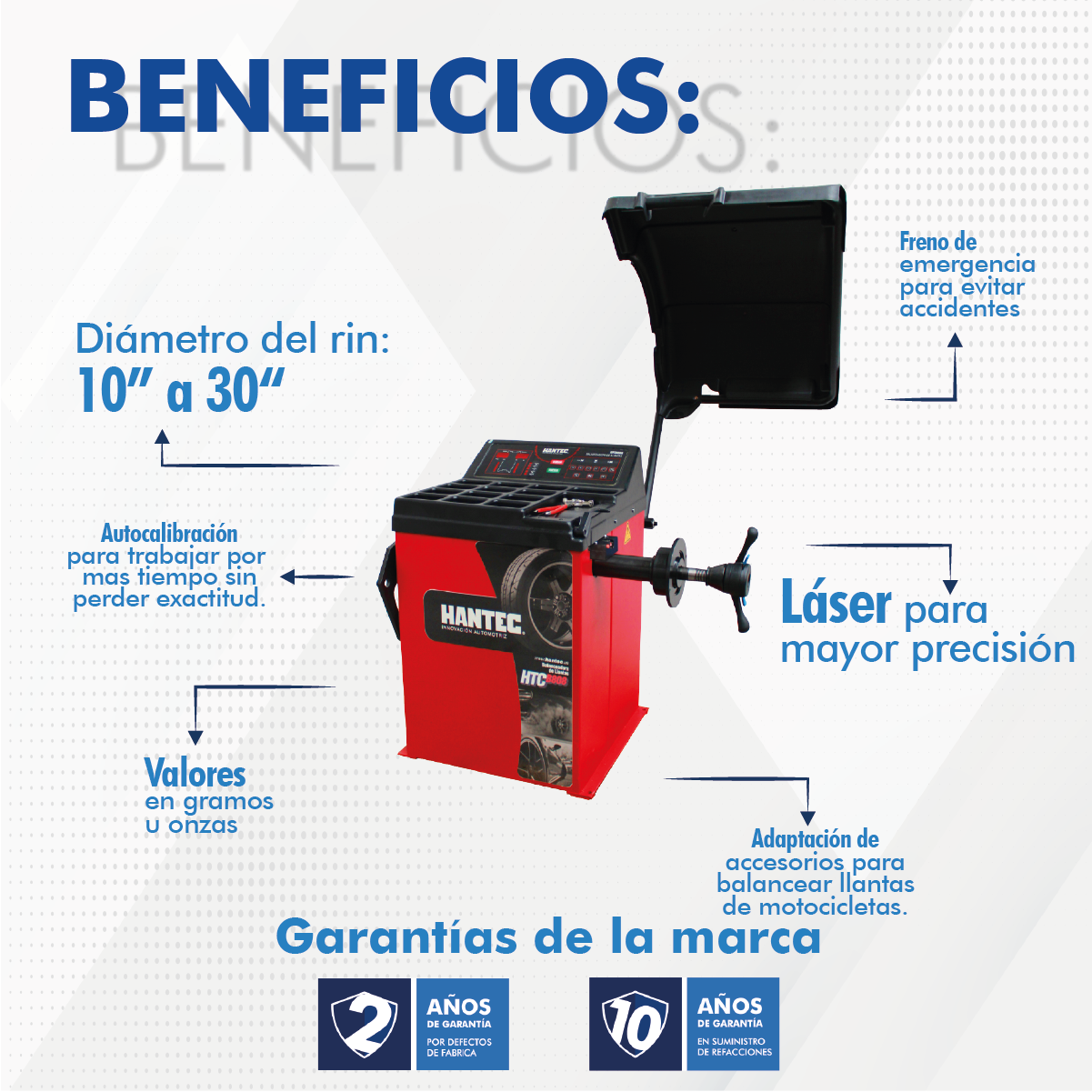 Balanceadora Láser para Llantas de Autos y Camionetas Hantec de 10 a 30 Pulgadas.