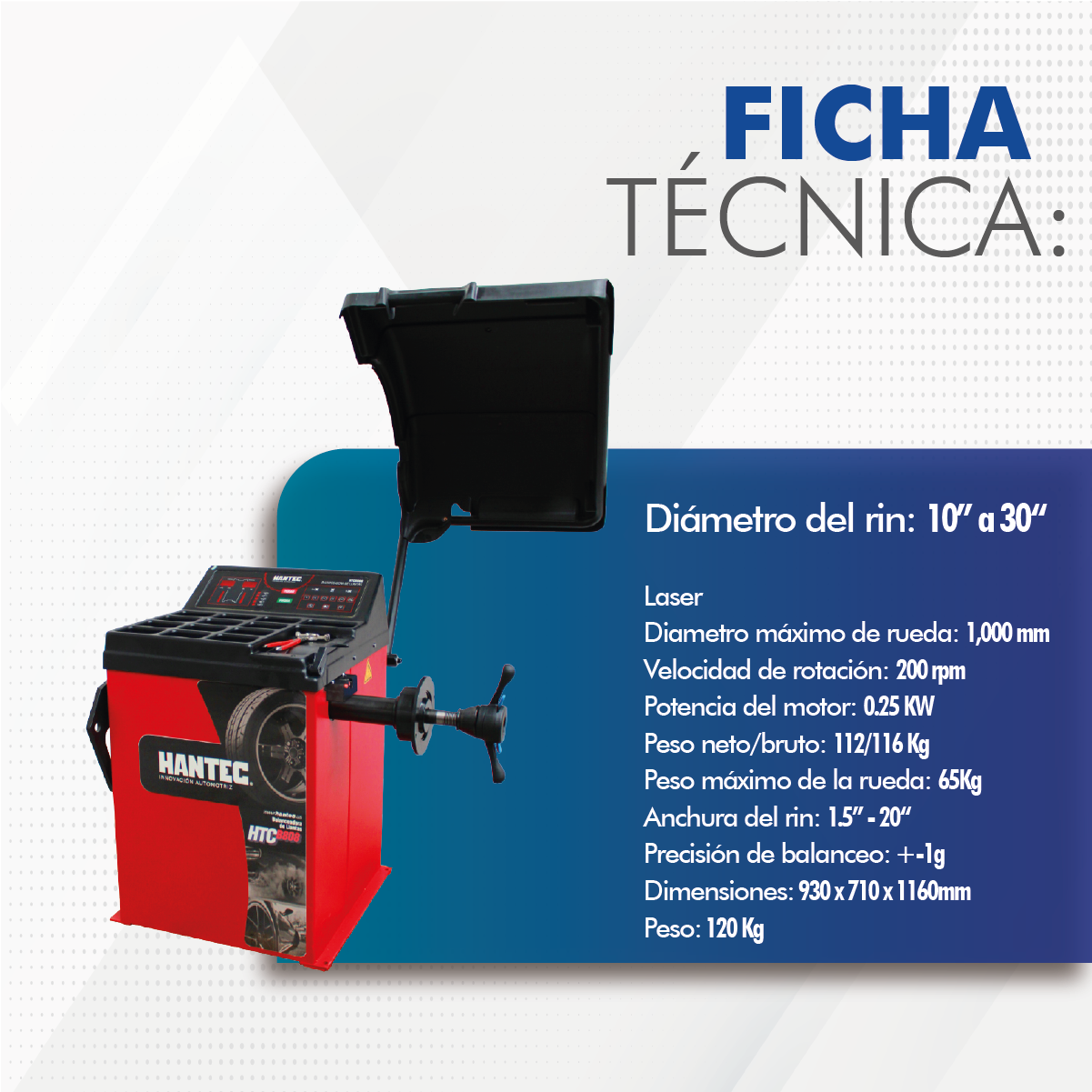 Balanceadora Láser para Llantas de Autos y Camionetas Hantec de 10 a 30 Pulgadas.