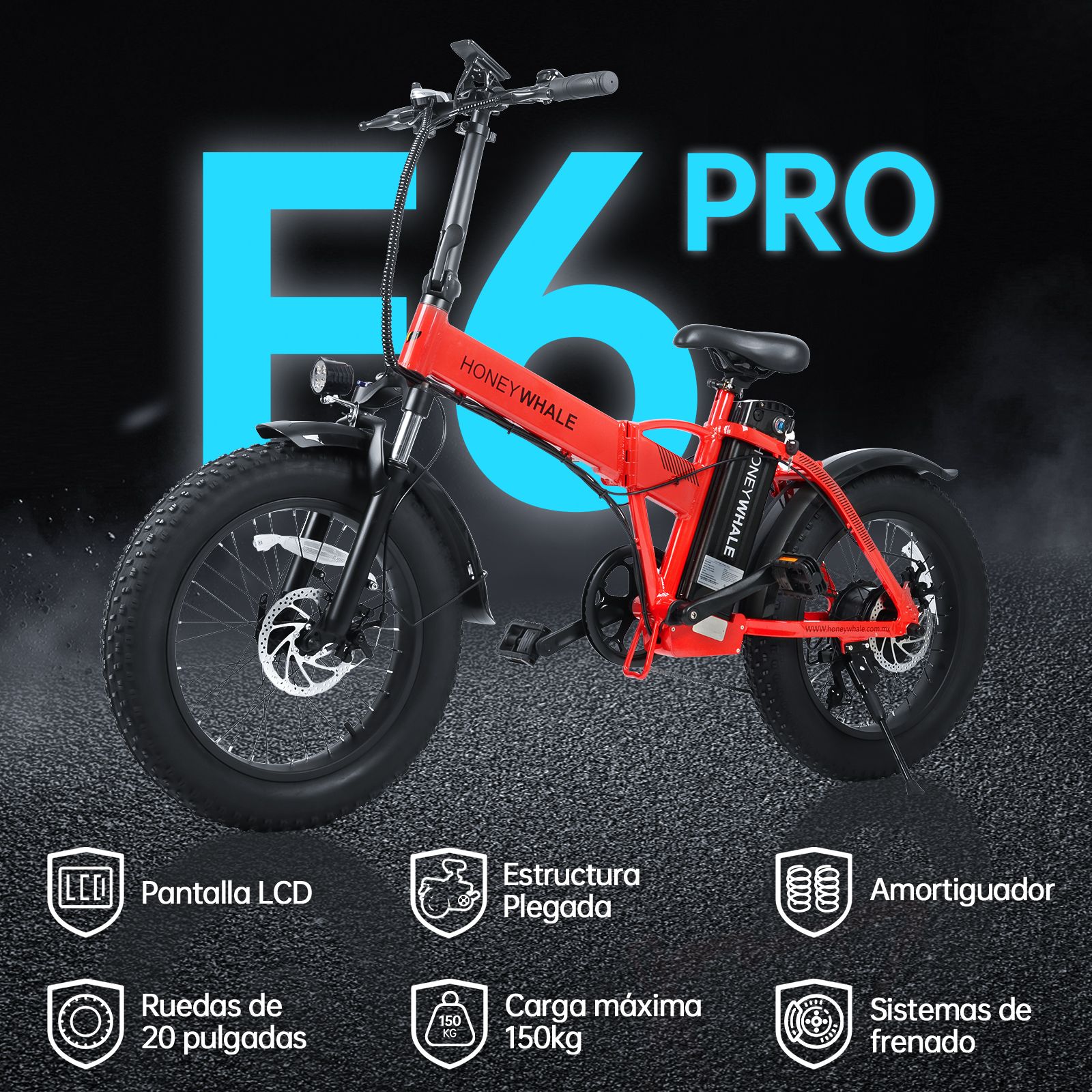 Bicicleta Eléctrica Plegable Honey Whale F6 PRO Rojo.