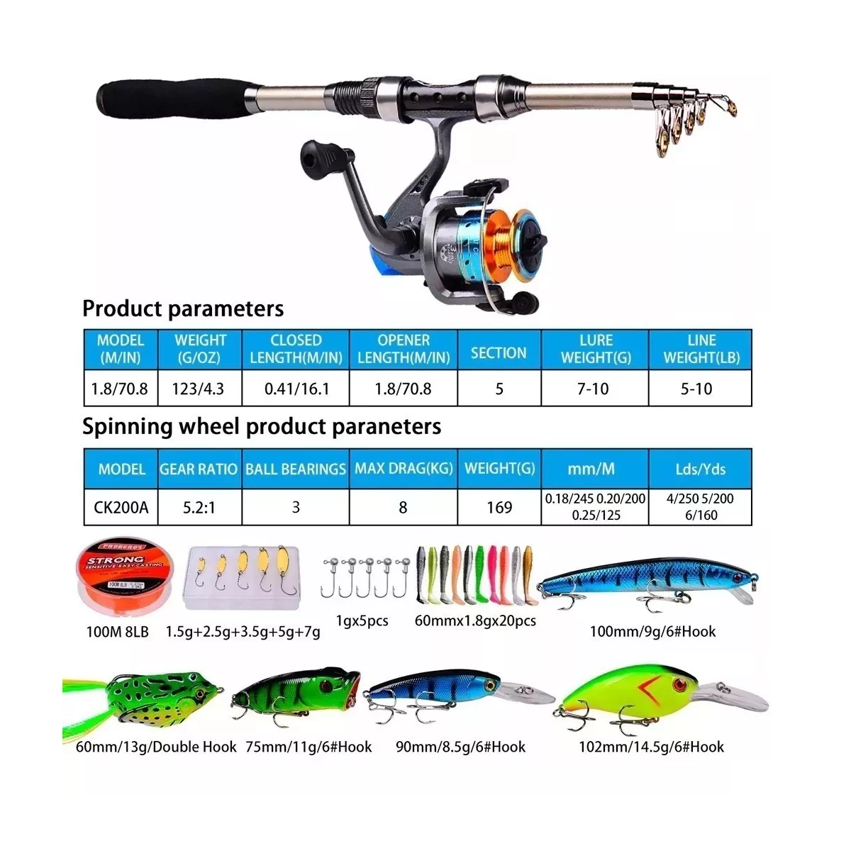 Kit Pesca 1.8m Caña Carrete Señuelo