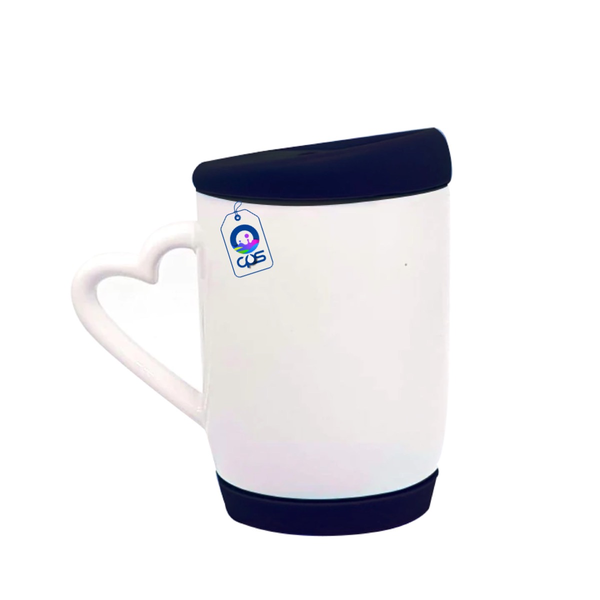 Taza de 11oz. Con asa de corazón, tapa y base de silicón, para sublimar (12 piezas).