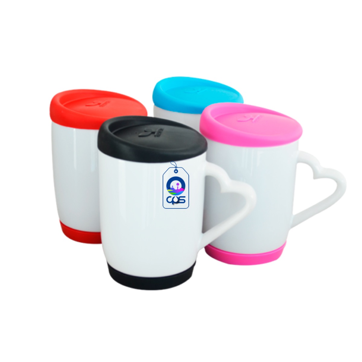 Taza de 11oz. Con asa de corazón, tapa y base de silicón, para sublimar (12 piezas).
