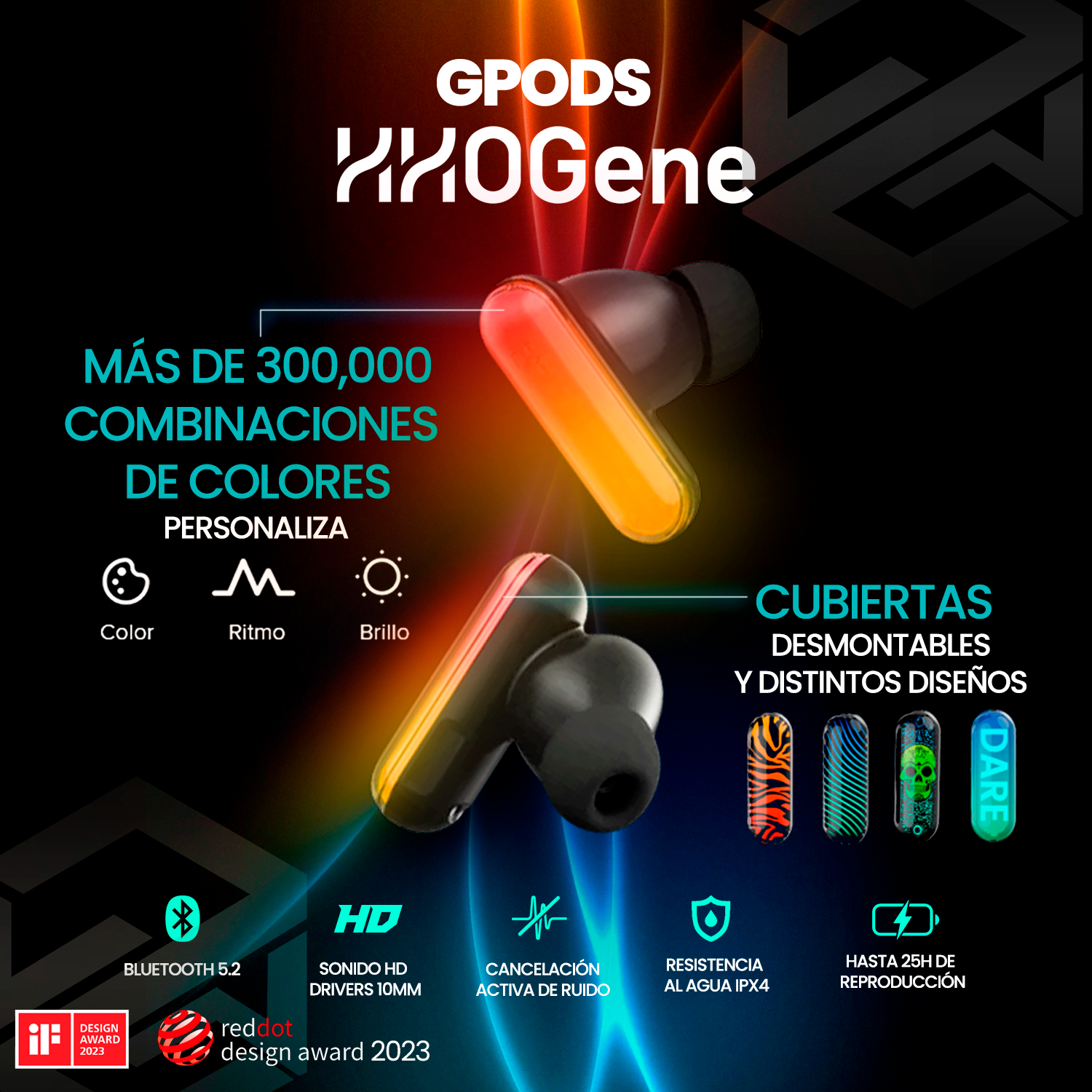 Gpods Hhogene, Audífonos Bluetooth 5.2 Con Luz Led Personalizable