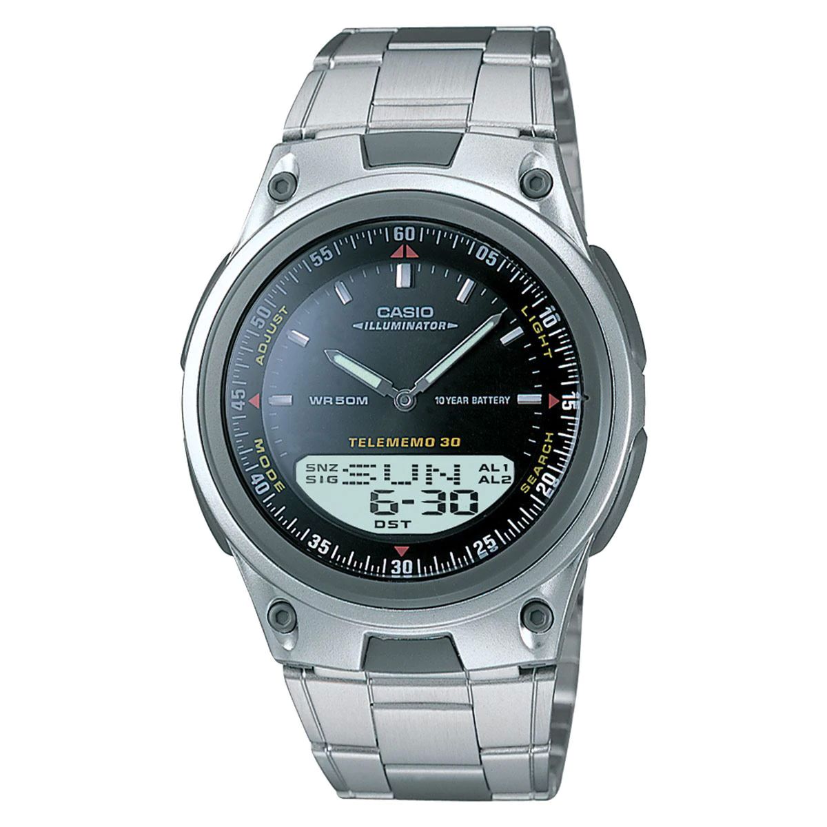      Reloj para hombre Casio Aw-80D-1 correa de acero inoxidable Cronometro 30 memorias Luz led