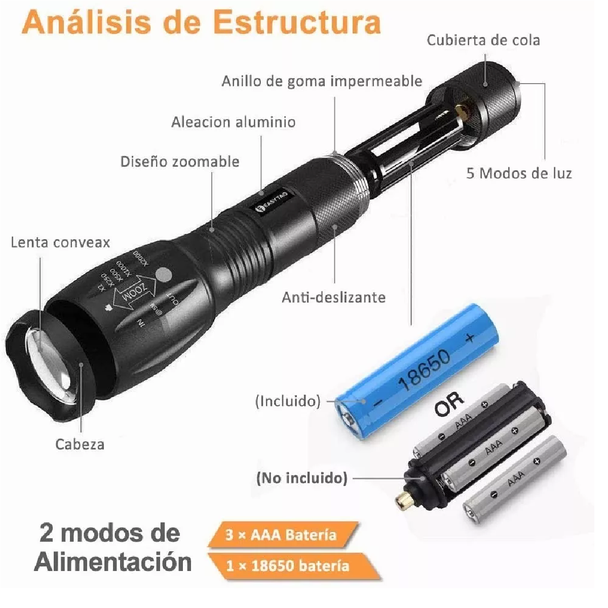 Lampara Táctica 3000 Lumens Led T6 Recargable