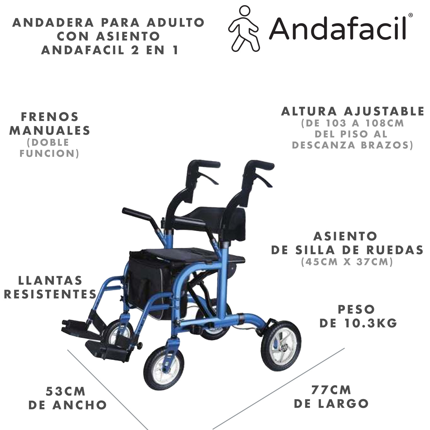 Andadera Para Adulto Con Asiento Y Ruedas - Andafacil 2 En 1 - Azul.