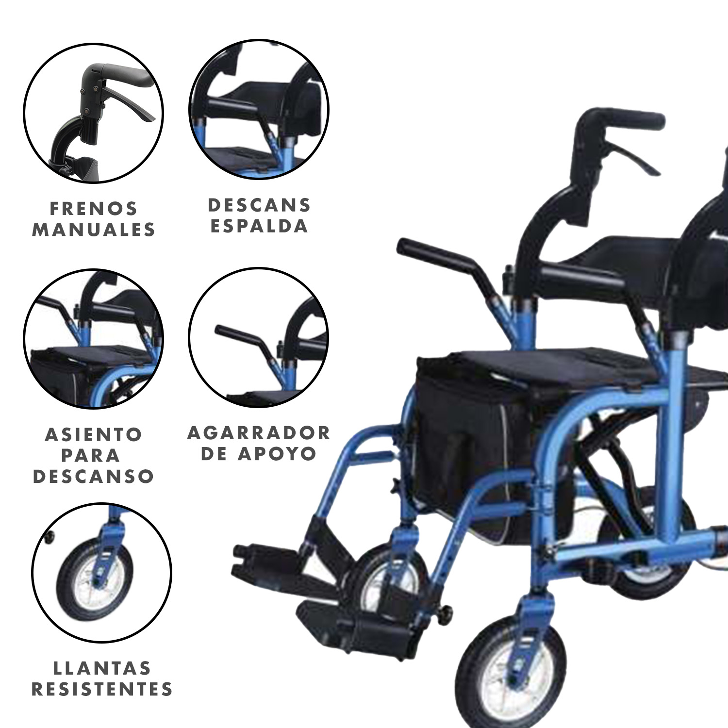 Andadera Para Adulto Con Asiento Y Ruedas - Andafacil 2 En 1 - Azul.