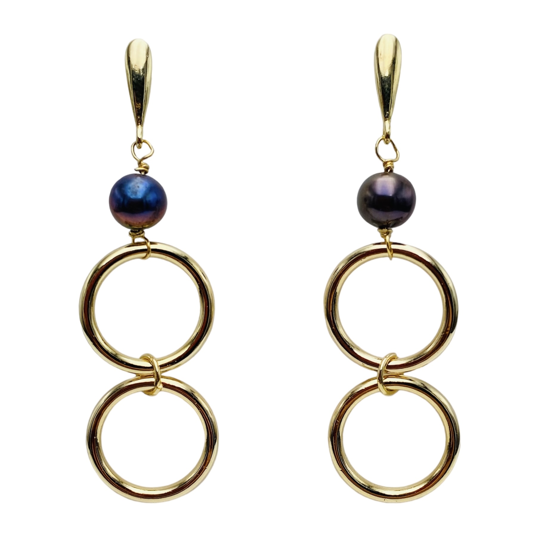 Aretes 2 aros con perla- Baño de oro 18K- Aretes largos- Dorado