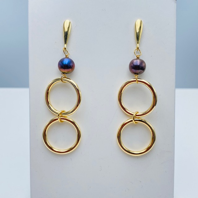 Aretes 2 aros con perla- Baño de oro 18K- Aretes largos- Dorado