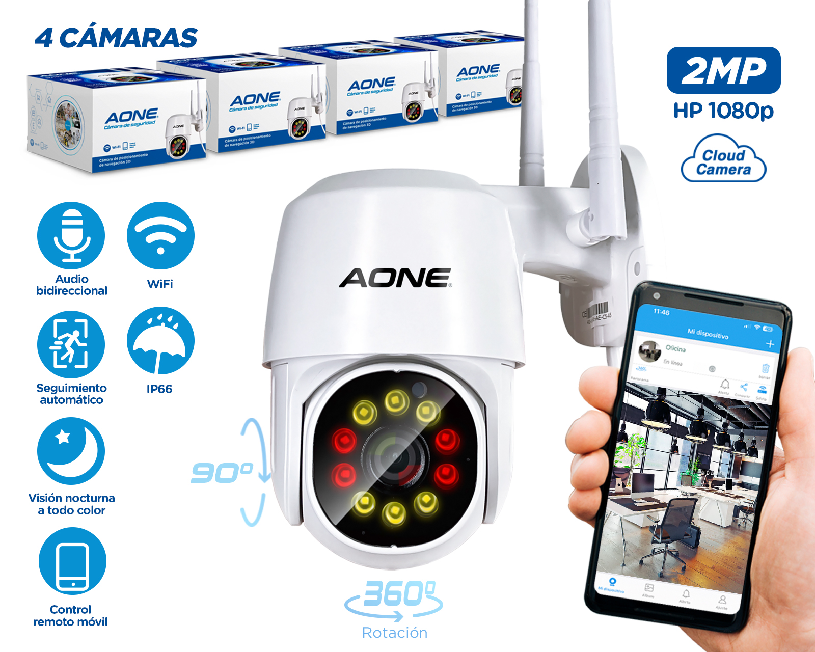 Kit 4 Camaras De Seguridad Wifi 360 Exterior 1080p Vision Nocturna HD Con Alarma