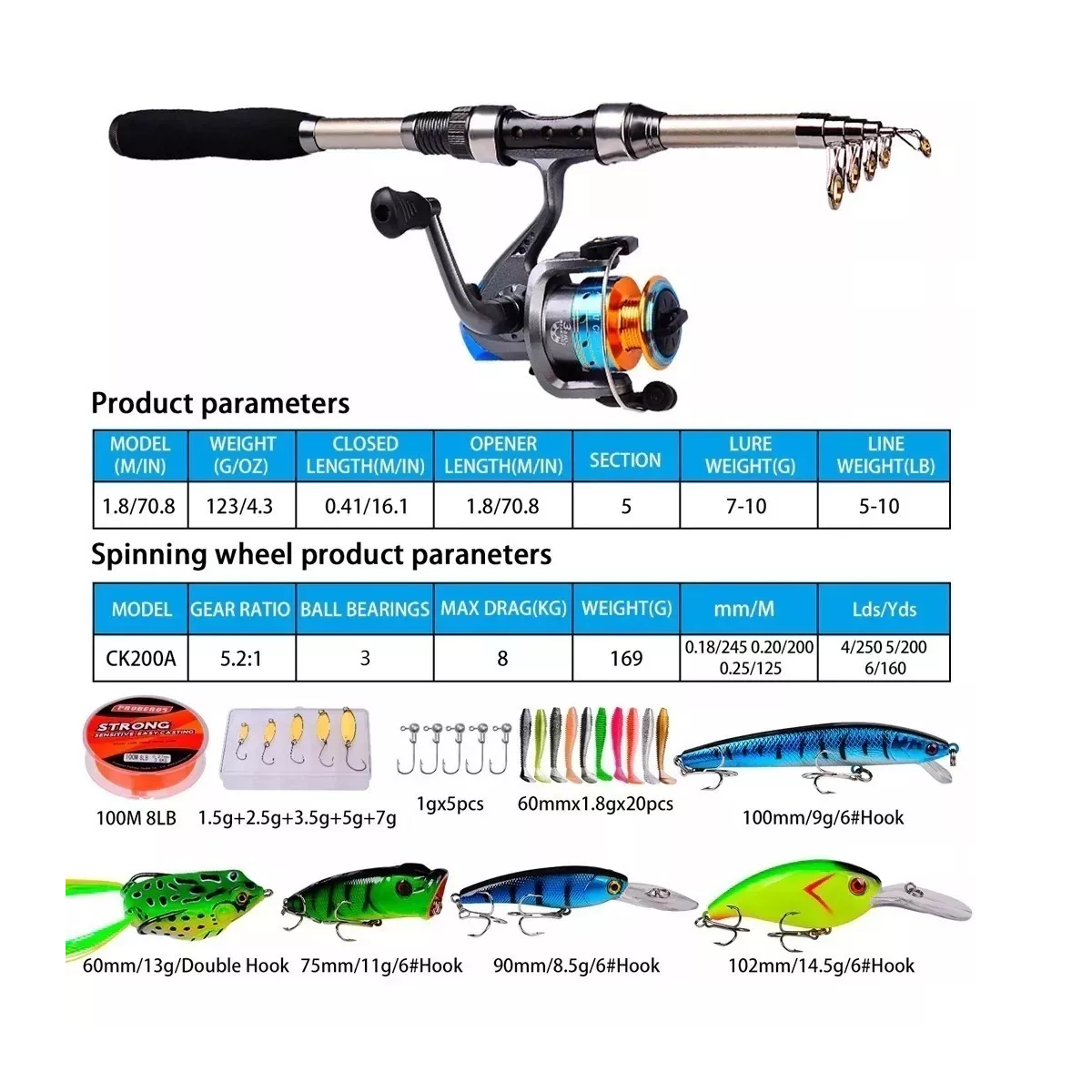 Kit Pesca 1.8m Caña Carrete Señuelo Accesorio Bolsa Completo