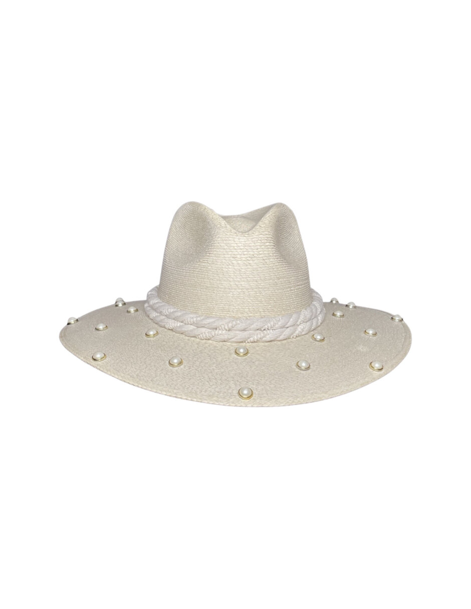 Sombrero para mujer artesanal de palma fina decorado con Listón y perlas de imitación
