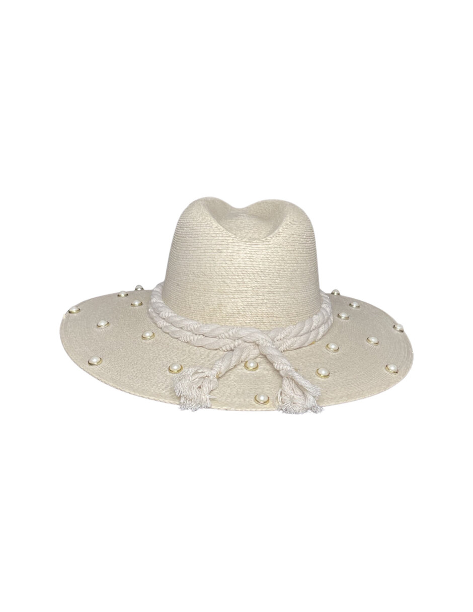 Sombrero para mujer artesanal de palma fina decorado con Listón y perlas de imitación