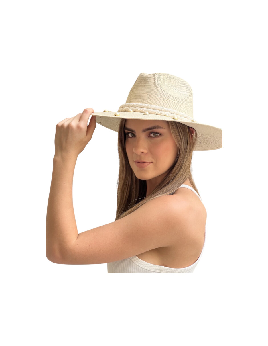 Sombrero para mujer artesanal de palma fina decorado con Listón y perlas de imitación