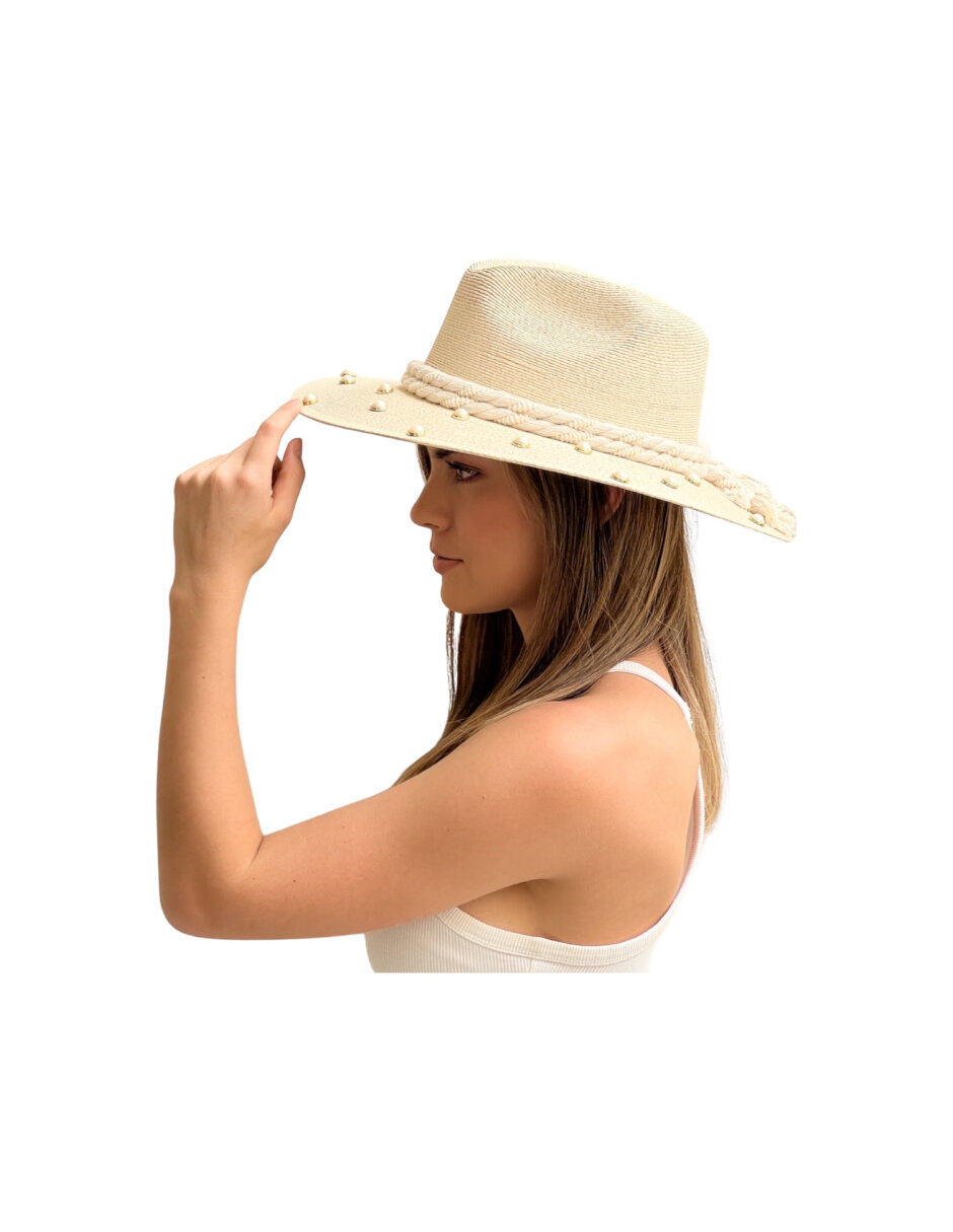 Sombrero para mujer artesanal de palma fina decorado con Listón y perlas de imitación