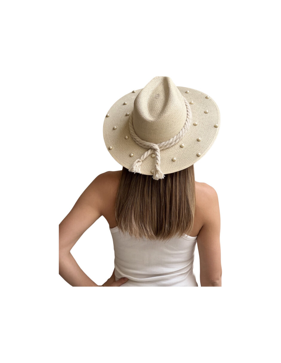 Sombrero para mujer artesanal de palma fina decorado con Listón y perlas de imitación
