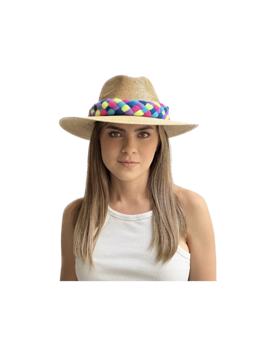 Sombrero para mujer artesanal de palma fina decorado con listón tejido de colores