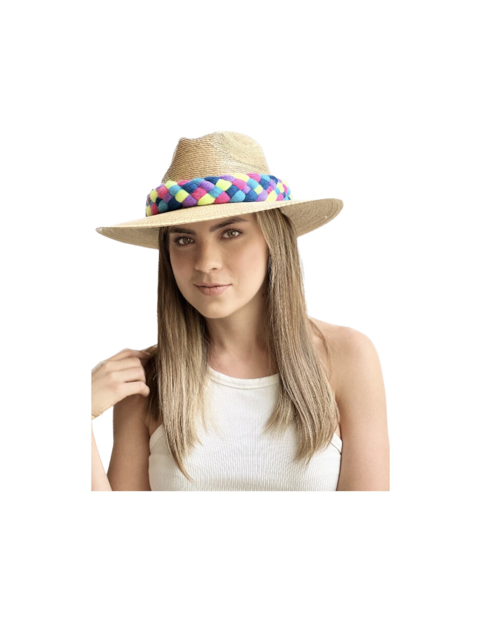 Sombrero para mujer artesanal de palma fina decorado con listón tejido de colores