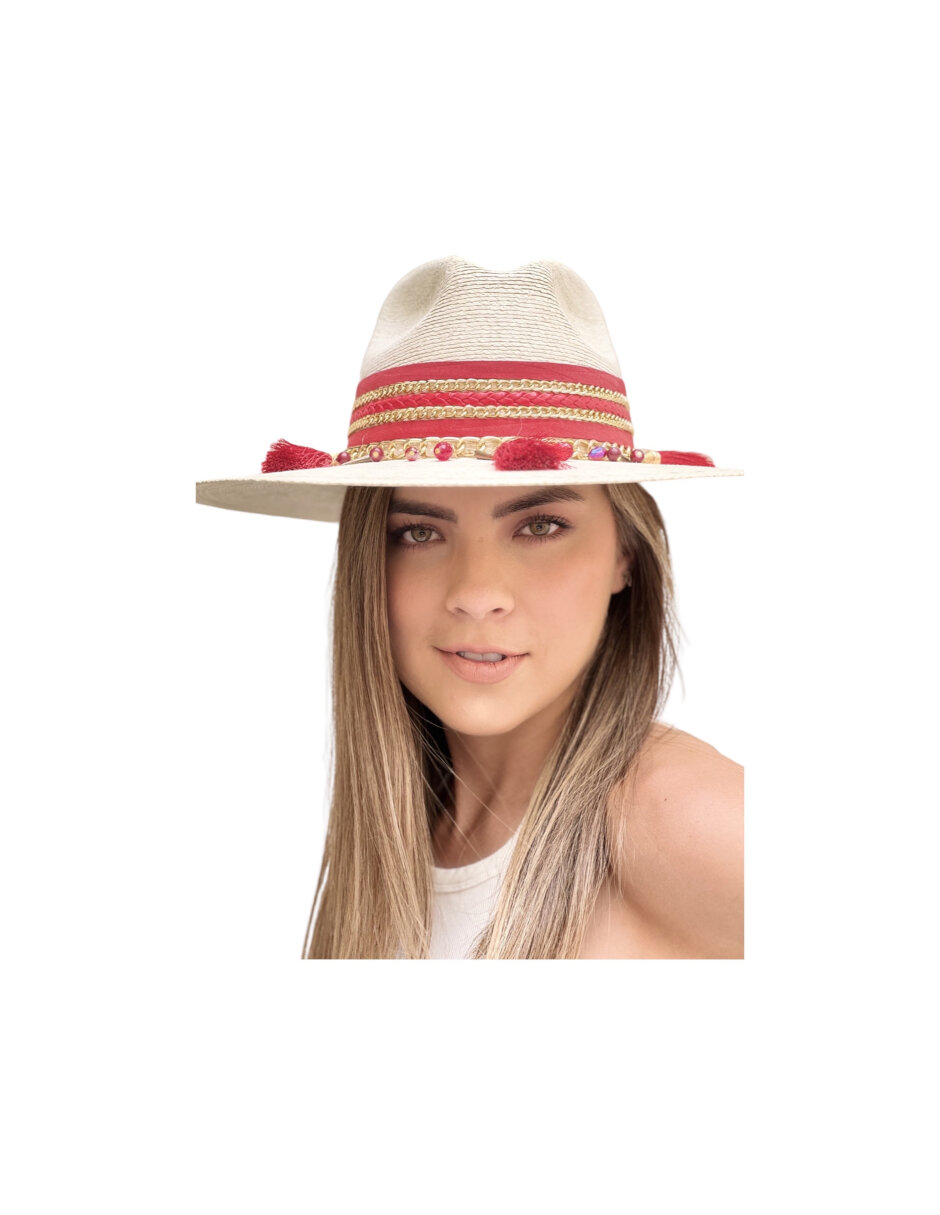 Sombrero para mujer artesanal de palma fina decorado decorado en cinta roja, cadena y detalles en pompones 