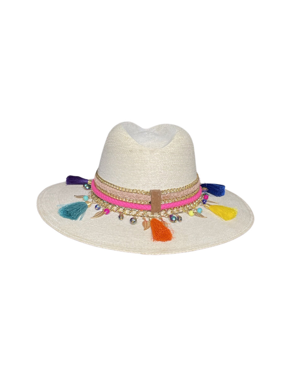 Sombrero para mujer artesanal de palma fina decorado decorado en cinta, cadena y detalles en pompones de colores