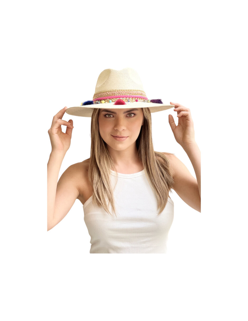 Sombrero para mujer artesanal de palma fina decorado decorado en cinta, cadena y detalles en pompones de colores